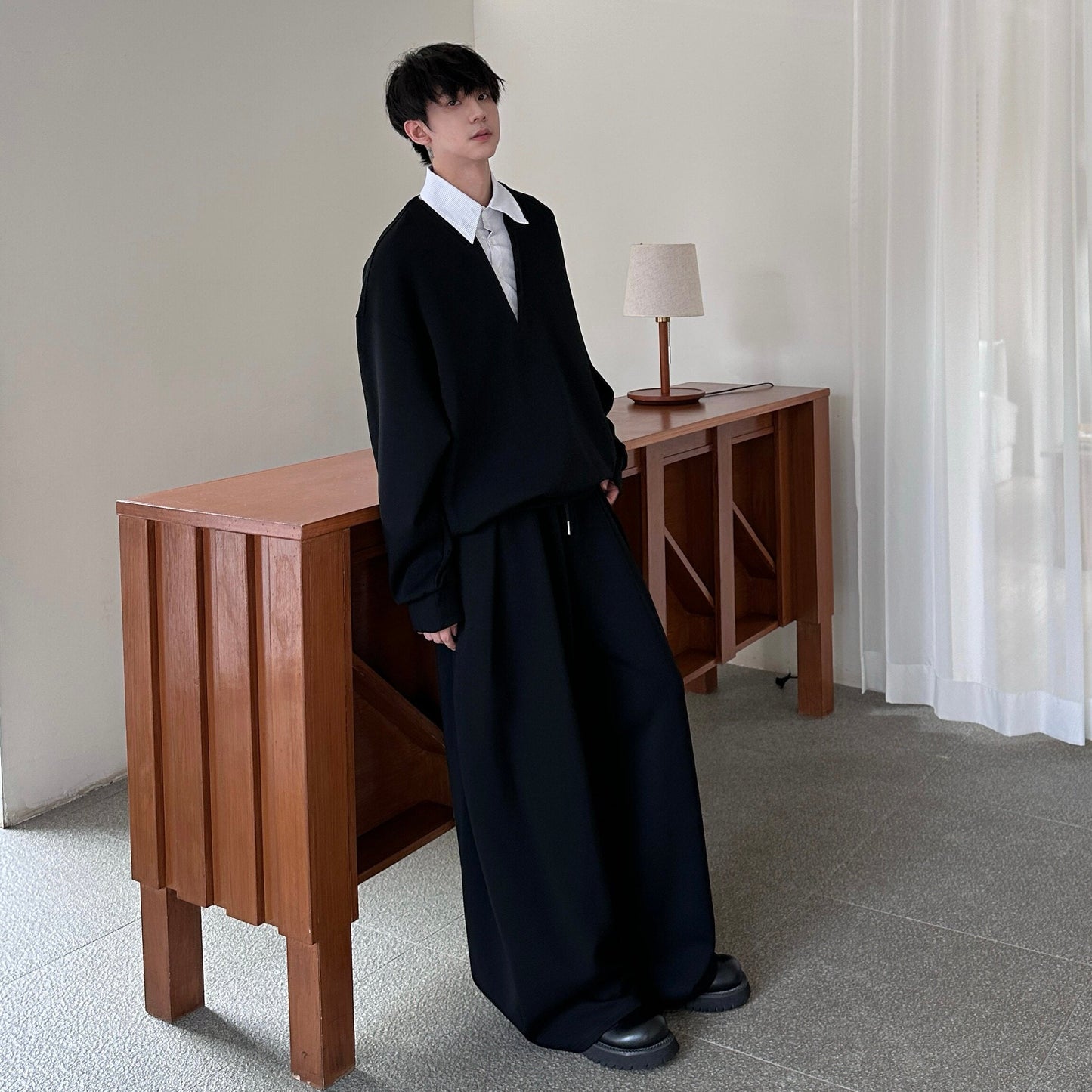 Fake Layered Sweatshirt & Wide Leg Pants Setup WN25192