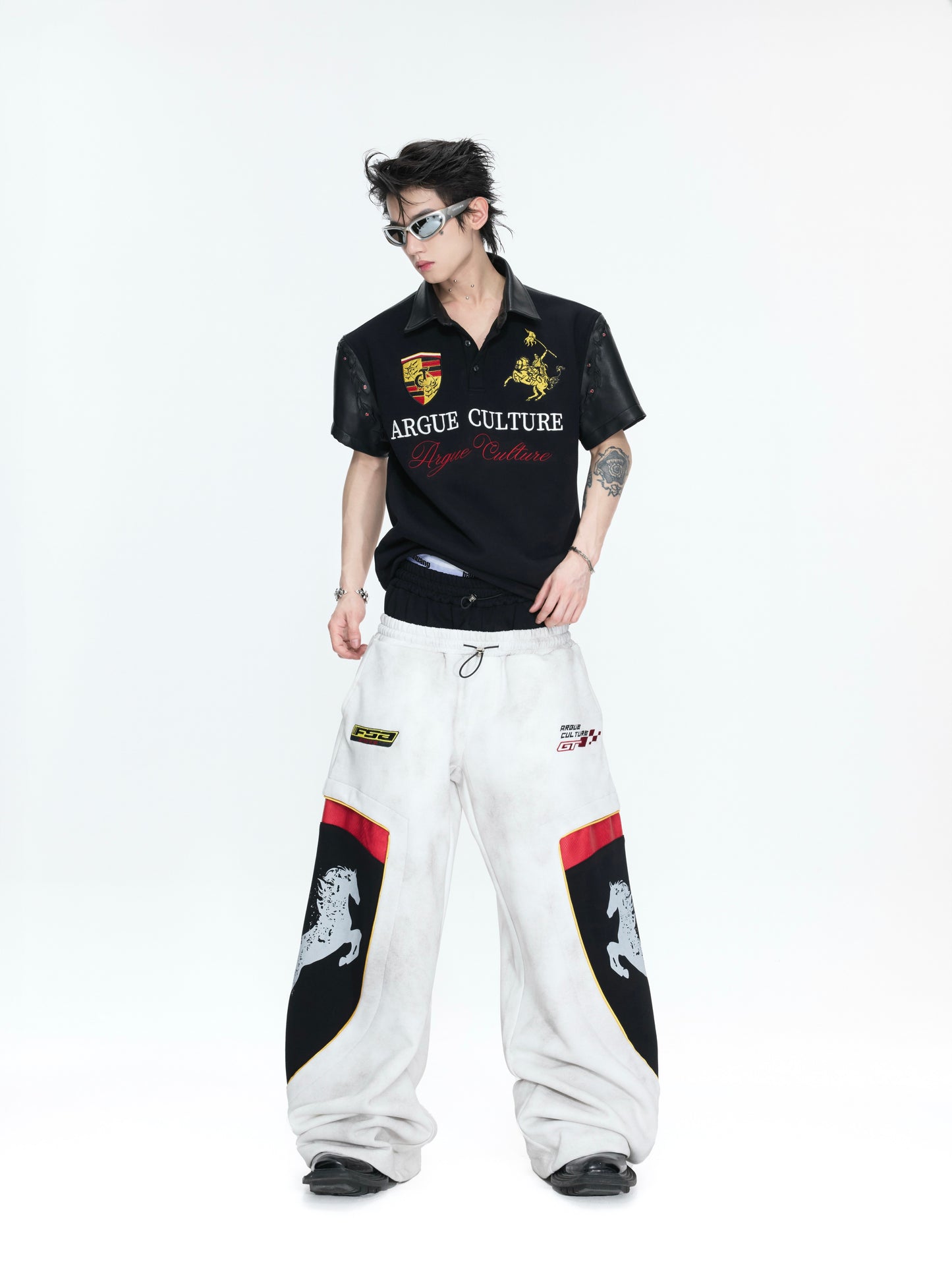 Racing Embroidery Fake Layered Double-Waist Wide Leg Sweatpants WN26985
