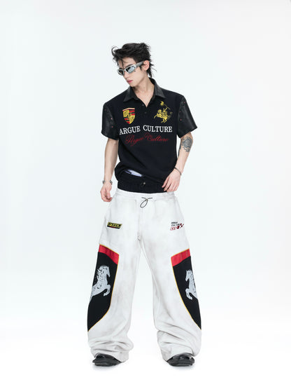 Racing Embroidery Fake Layered Double-Waist Wide Leg Sweatpants WN26985