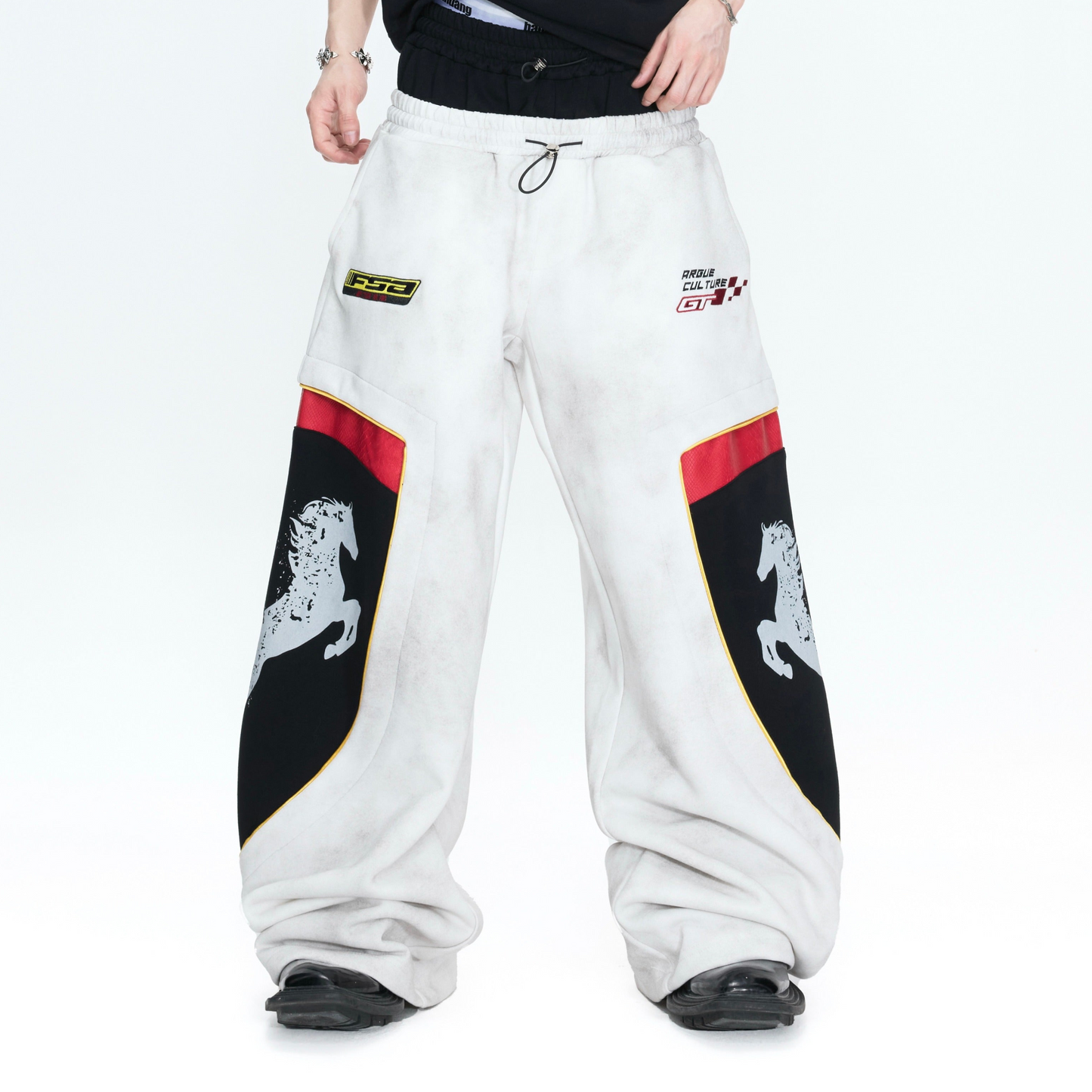 Racing Embroidery Fake Layered Double-Waist Wide Leg Sweatpants WN26985