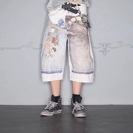 3D Print Graphic Design Block Badge Denim Half Jeans WN17859