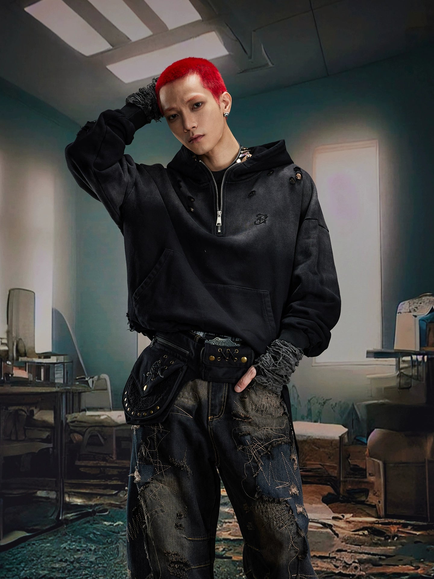 Washed Damage Half Zipper Hoodie WN20588