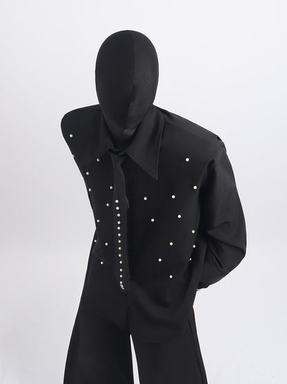 Stud Bead Tie-Neck Oversize Long Sleeve Shirt WN23659