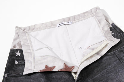Star Damage Washed Wide Leg Denim Jeans WN25519