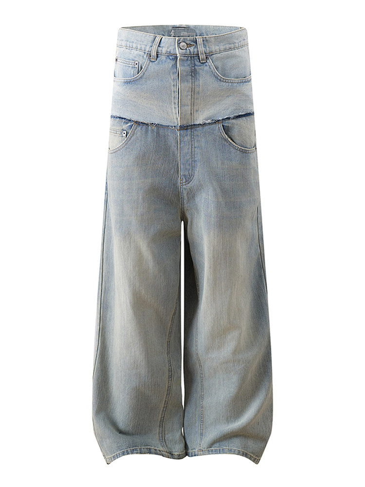 Fake Layered Double Waist Patchwork Wide Leg Denim Jeans WN23019
