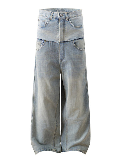 Fake Layered Double Waist Patchwork Wide Leg Denim Jeans WN23019