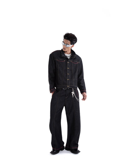 Standing-Collar Washed Denim Jacket & Denim Jeans Setup WN20655