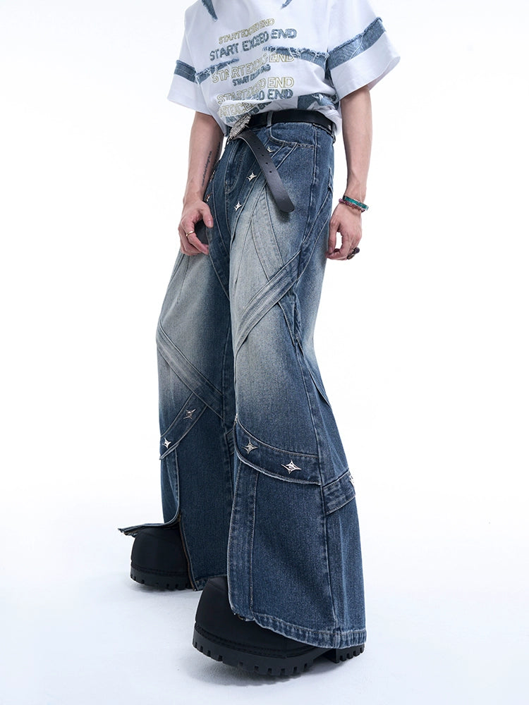 Wash Metal Zipper Design Wide Leg Denim Jeans WN8077