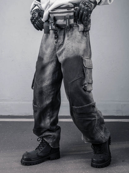 Leopard Wash Multi Pocket Wide Leg Denim Jeans WN22389