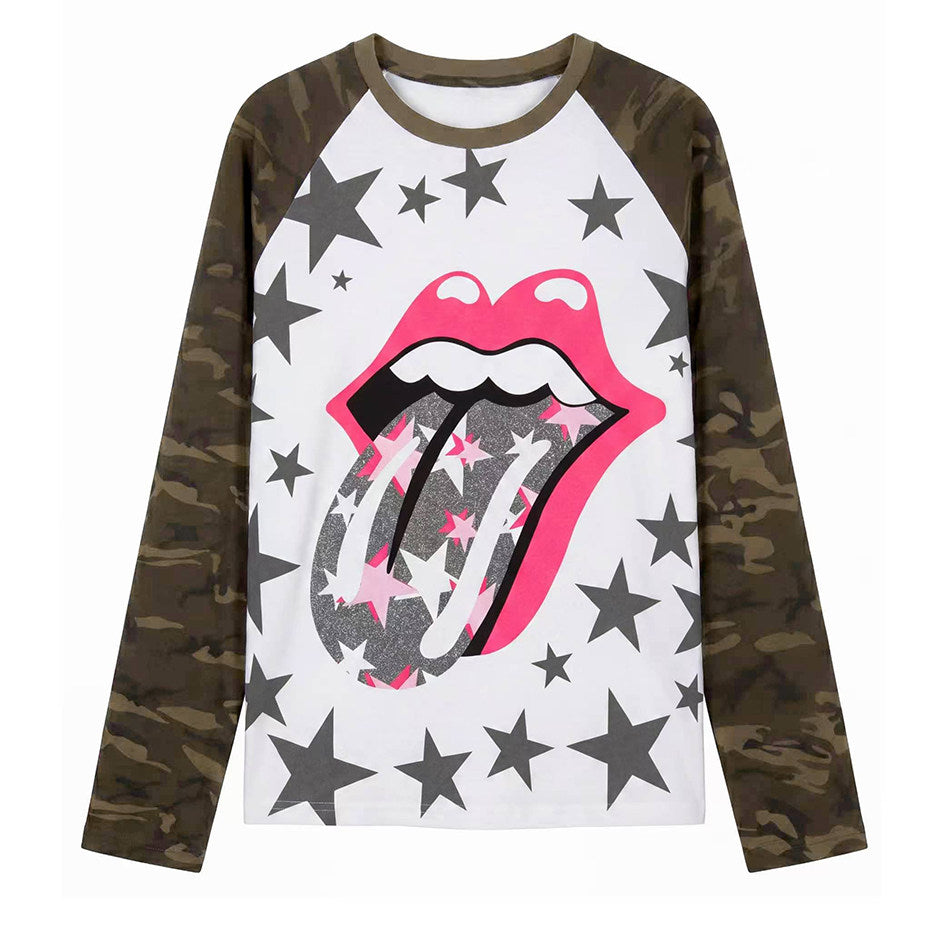 Raglan Camo Star Lip Graphic Print Long Sleeve T-Shirt & Short Sleeve Shirt WN27192