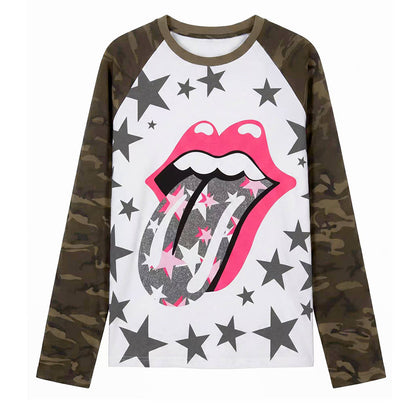 Raglan Camo Star Lip Graphic Print Long Sleeve T-Shirt & Short Sleeve Shirt WN27192