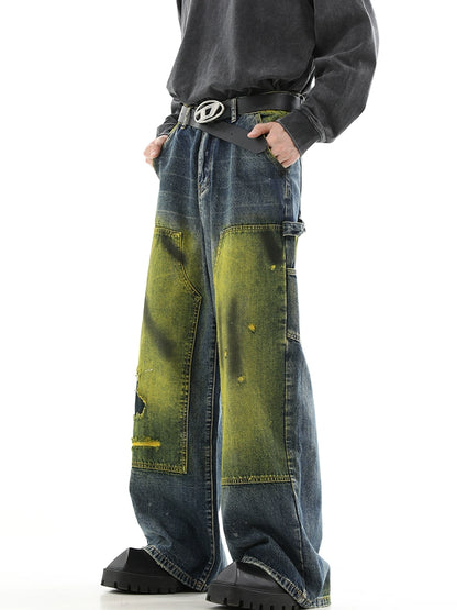 Spray-Paint Effect Wide-Leg Utility Denim Jeans WN10514