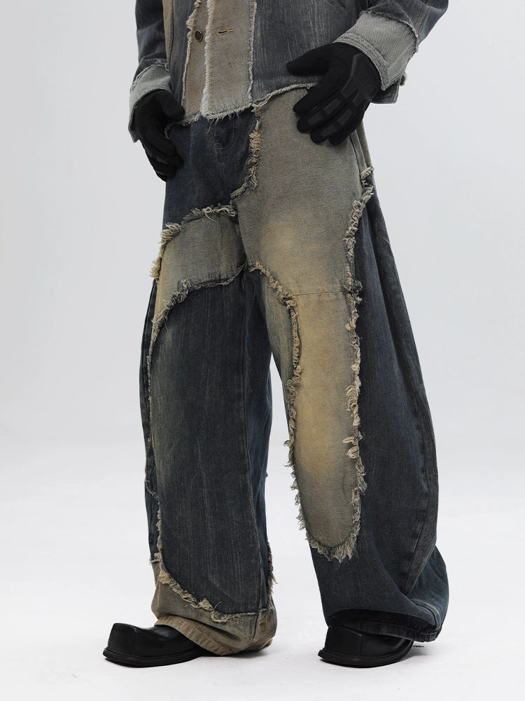 Deconstructed Patchwork Curved Blade Design Wide Leg Denim Jeans WN18660