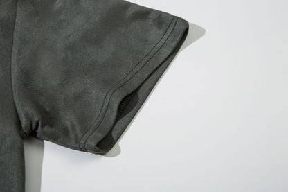 Text Embroidery Print Suede Short Sleeve T-Shirt WN16194