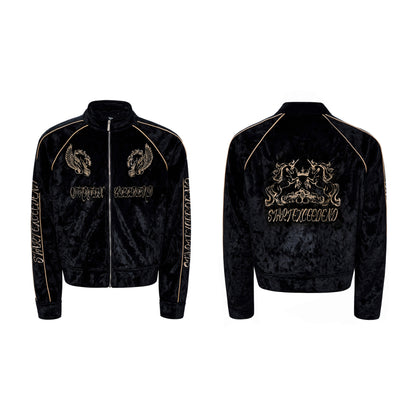 War Horse Embroidery Velvet Stand Neck Short Jacket & Pants Setup WN23277