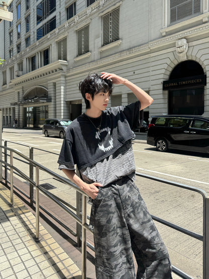Fake Layered Letter Print Wash Oversize Short Sleeve T-Shirt WN20751
