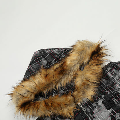 Fake Fur Collar Lamb Fleece Plaid Puffer Jacket WN21884