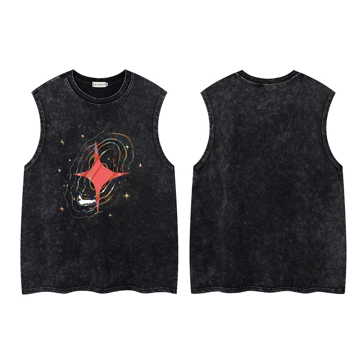 Washed Four-Point Star Print Oversize Sleeveless T-Shirt WN26932