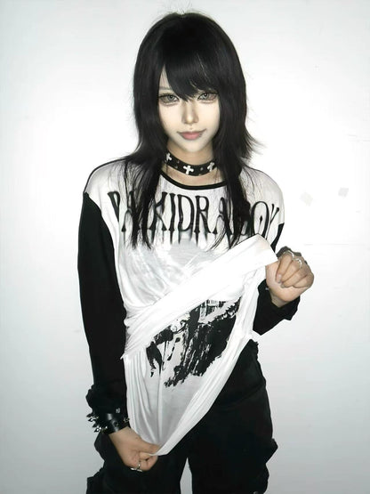 Sheer Print Double Layer Long Sleeve T-Shirt WN20899