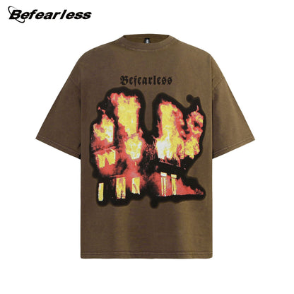Washed Heavyweight Flame Print Oversize Short Sleeve T-Shirt WN26363