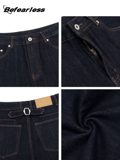 Raw Denim Metal Buckle Straight Jeans WN26308