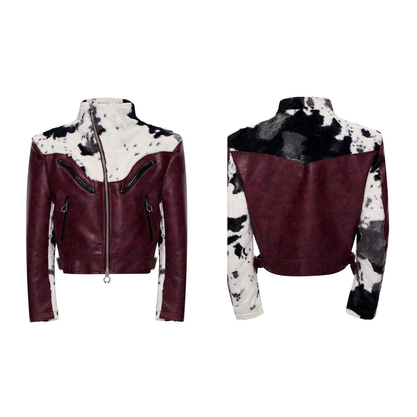 Cow Print Fake Fur Mix PU Leather Jacket WN21790