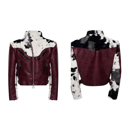 Cow Print Fake Fur Mix PU Leather Jacket WN21790