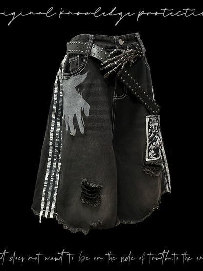 Side Stripe Damage Patch Wide Leg Half Denim Jeans & Skull Belt WN20106
