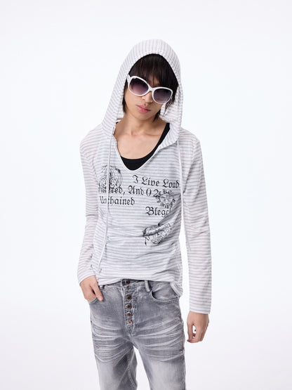 Striped Print Hooded Cropped Long Sleeve T-Shirt WN27315