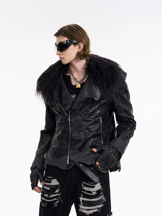 Fake Fur Collar Snake Pattern Leather Jacket WN12134