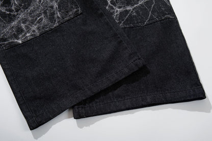 Double Waist Marble Panel Wide Leg Denim Jeans WN25907