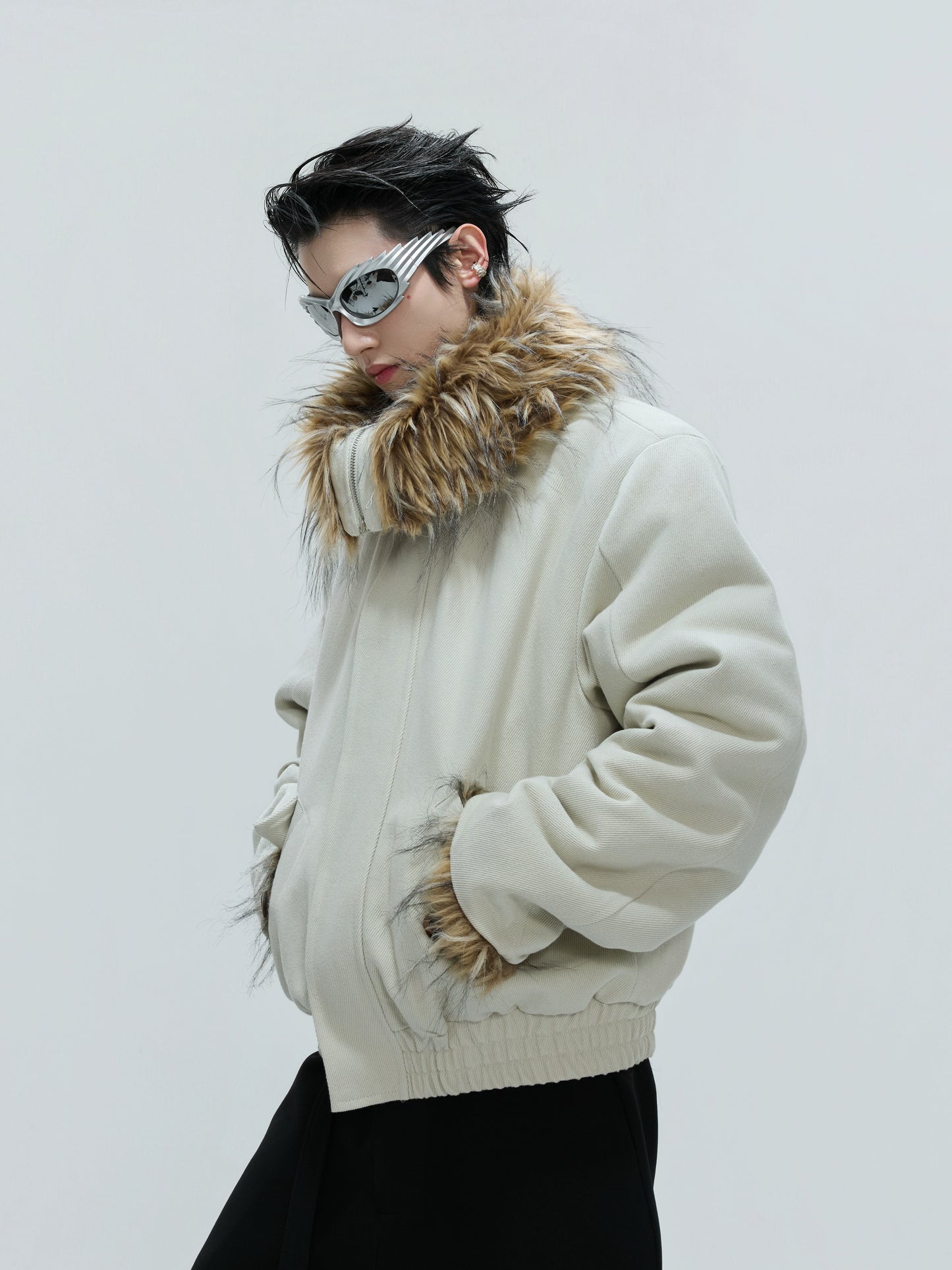 Washed Fake Fur Collar Lapel Thick Puffer Jacket WN21745