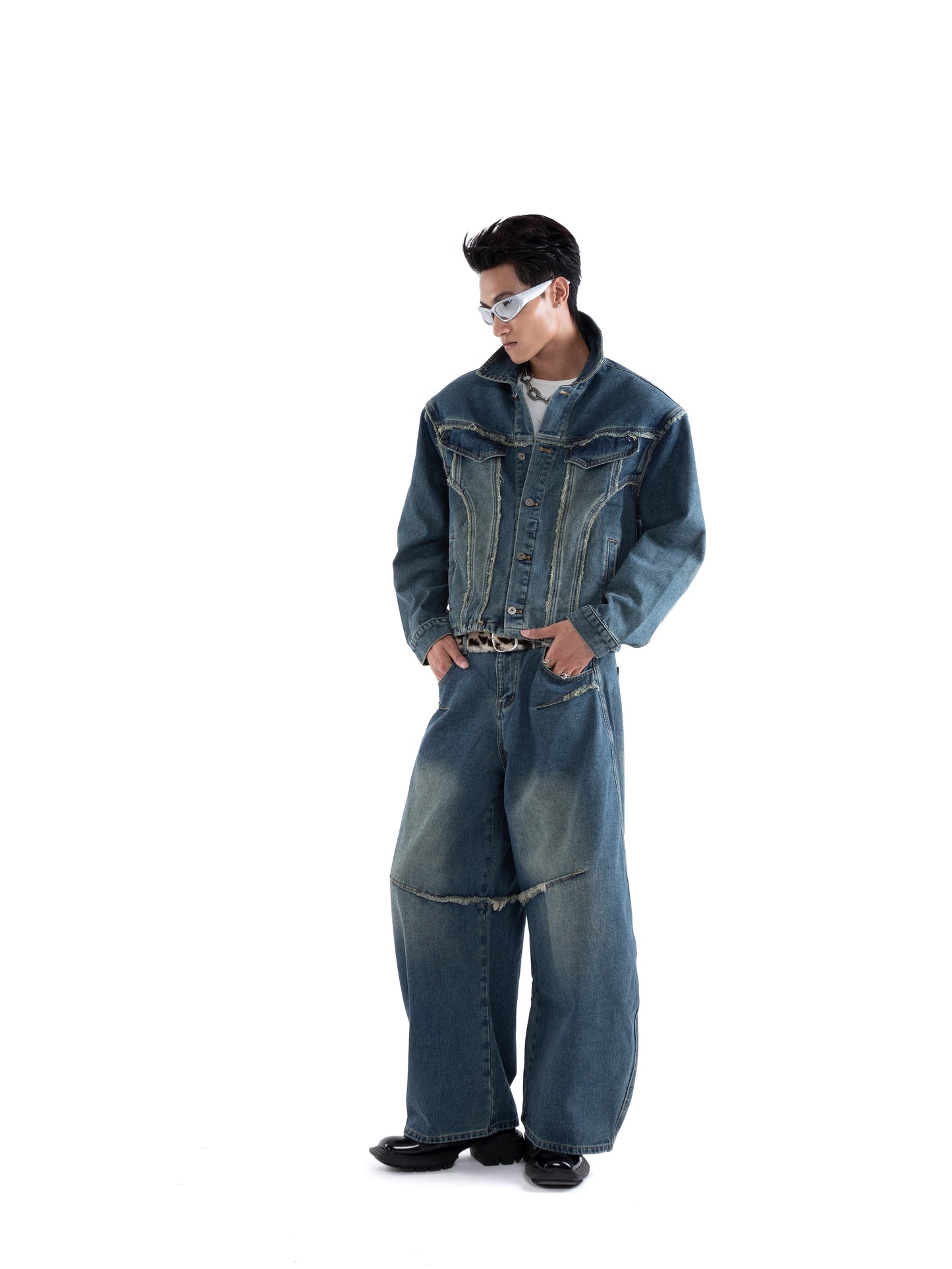 Raw Hem Fringe Damage Washed Denim Jacket & Wide Leg Denim Jeans Setup WN20659