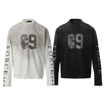 Washed Number Print Damage Long Sleeve T-Shirt WN25386
