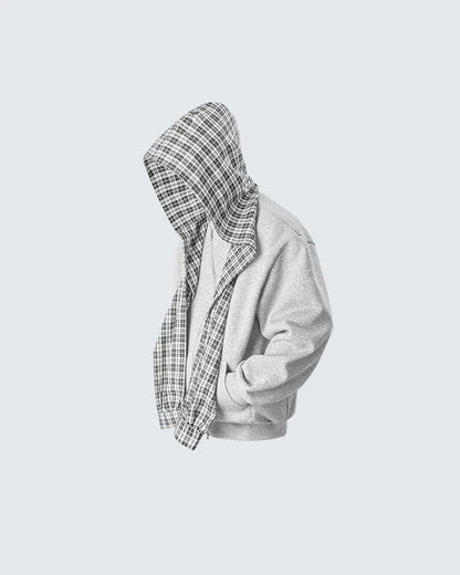 Plaid Scarf Zipper Jacket & Wide Leg Drawstring Pants Setup WN28040