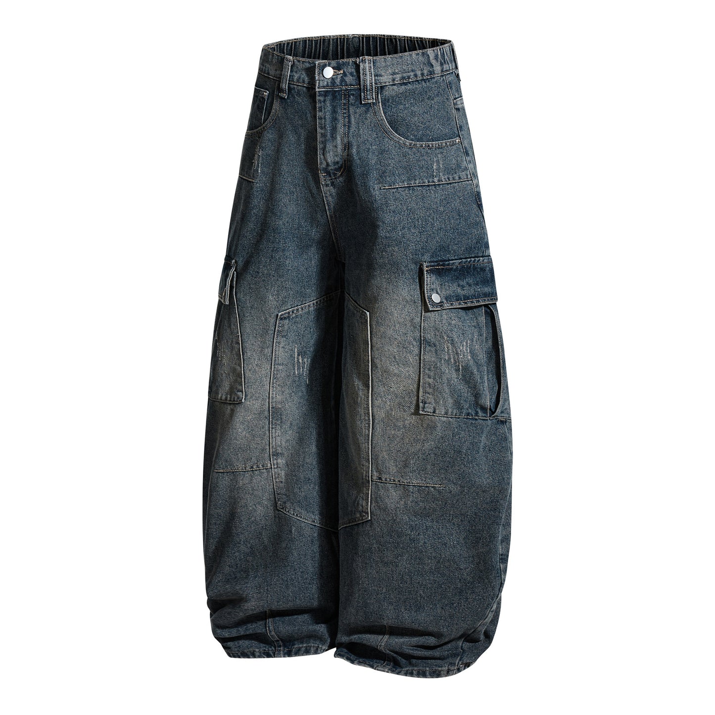 Washed Damage Multi-Pocket Curved Leg Denim Jeans WN26807