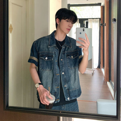 Washed Denim Short Sleeve Jacket & Wide Leg Denim Jeans Setup WN25033