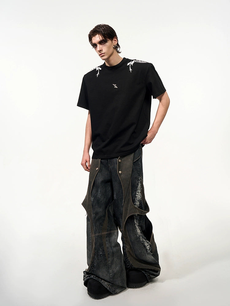 Studs Spine Snake Tie-Dye Shoulder-pad Short Sleeve T-Shirt WN16589