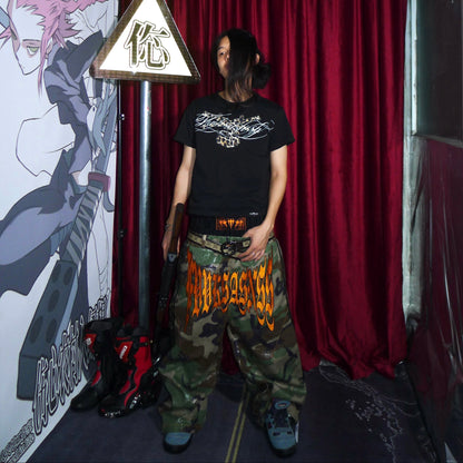 Typography Print Camo Wide Leg Cargo Pants WN27381