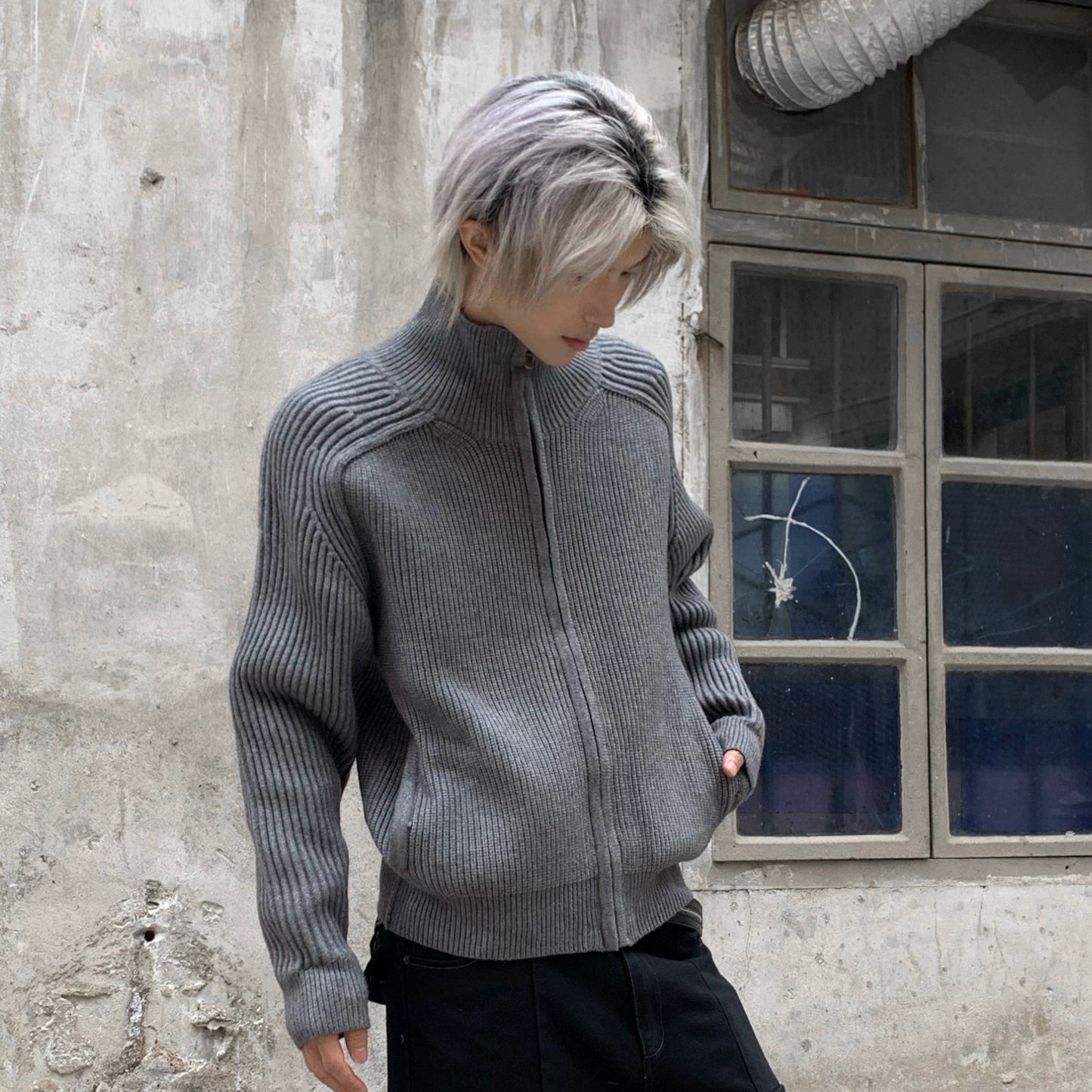 Stand Neck Patch Knit Cardigan WN22180