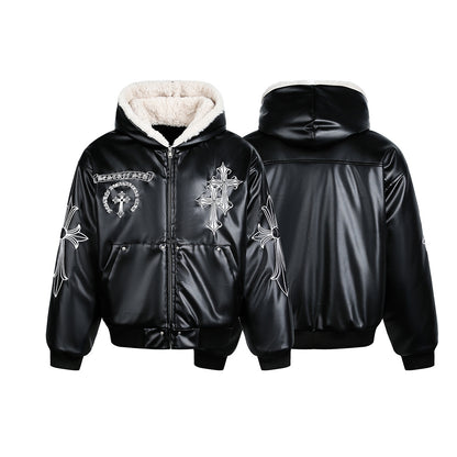 Cross Embroidery PU Leather Fleece Hooded Jacket WN21873