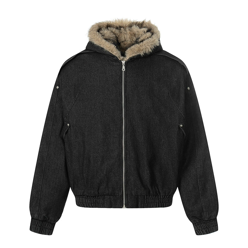 Fake Fur-Collar Deconstructed Thick Denim Jacket WN22110