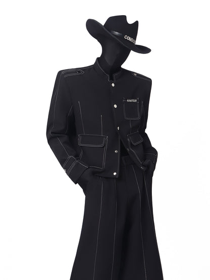 Exposed Seam Stand Neck Jacket & Wide Leg Pants Setup WN23670