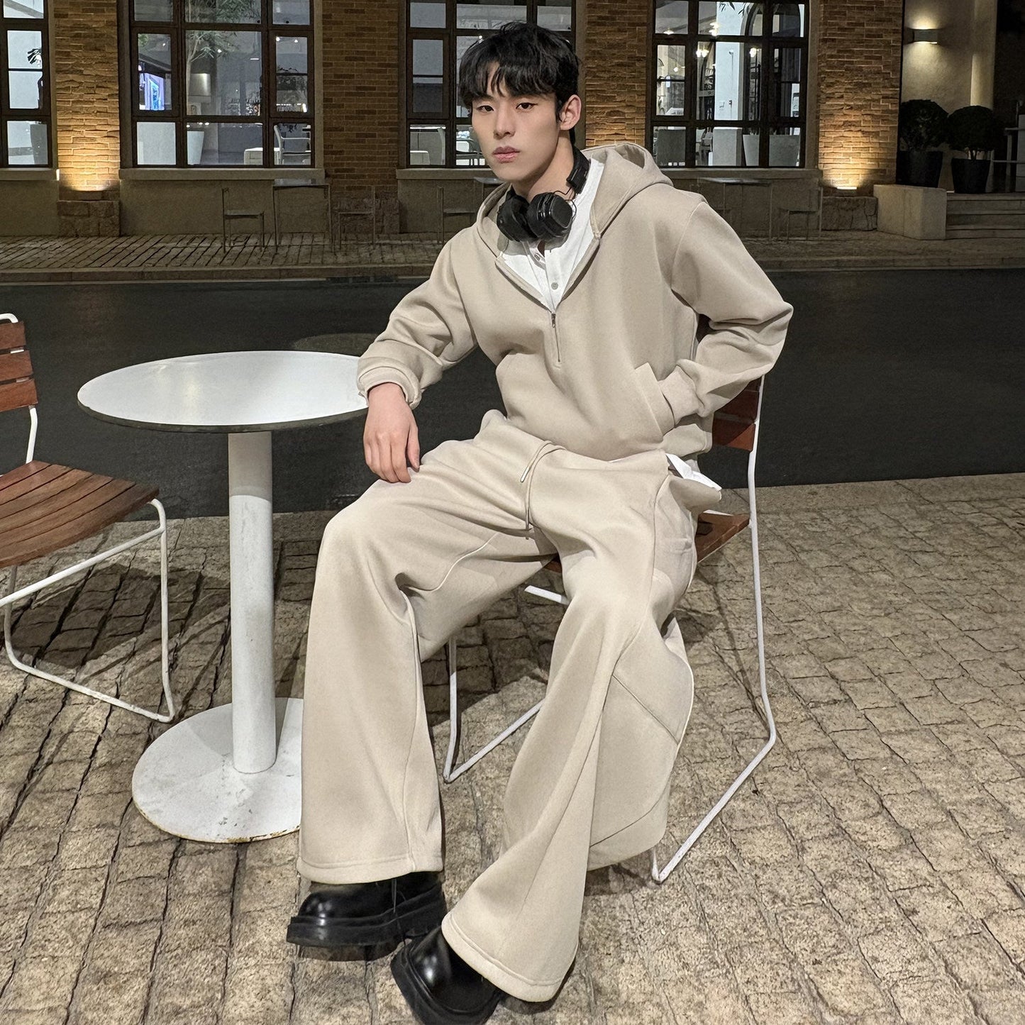 Layered Zipper Hoodie & Wide Leg Cargo Sweatpants Setup WN24933