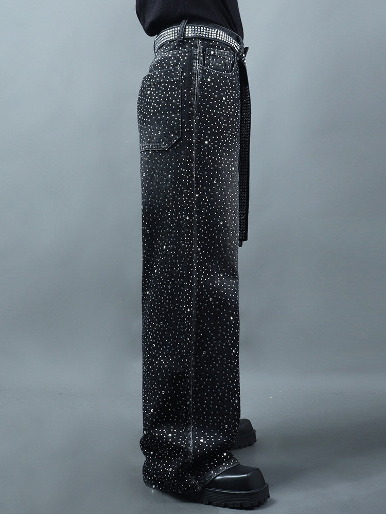 Rhinestone Star Design Washed Ribbon Wide Leg Denim Jeans WN23768