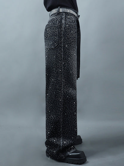 Rhinestone Star Design Washed Ribbon Wide Leg Denim Jeans WN23768