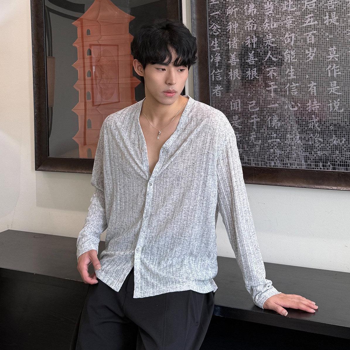 Stripe Deep V-Neck Summer Knit Cardigan WN25012
