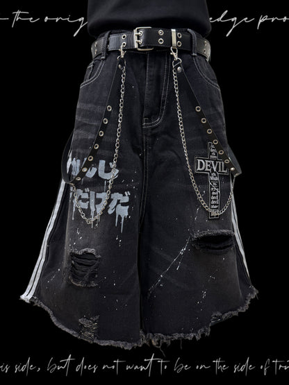 Paint Stripe Damage Denim Half Jeans & Skull Belt & Cross Belt & Belt Chain WN23784