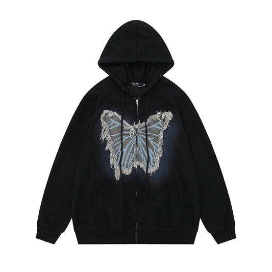 Bordado de mariposa Bordado de bordado sudadera con capucha con cremallera WN11574