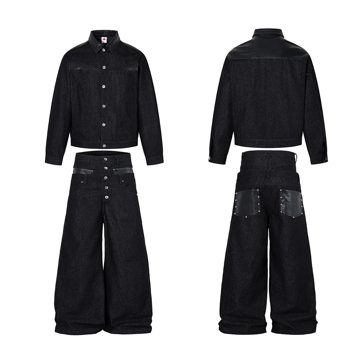 Leather Patchwork Denim Jacket & Leather Patchwork Wide Leg Denim Jeans Setup WN25597